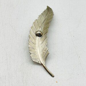 Feather and Dewdrop Pin Silver Tone Leaf Nature Garden Trees Flowers Flora Gift